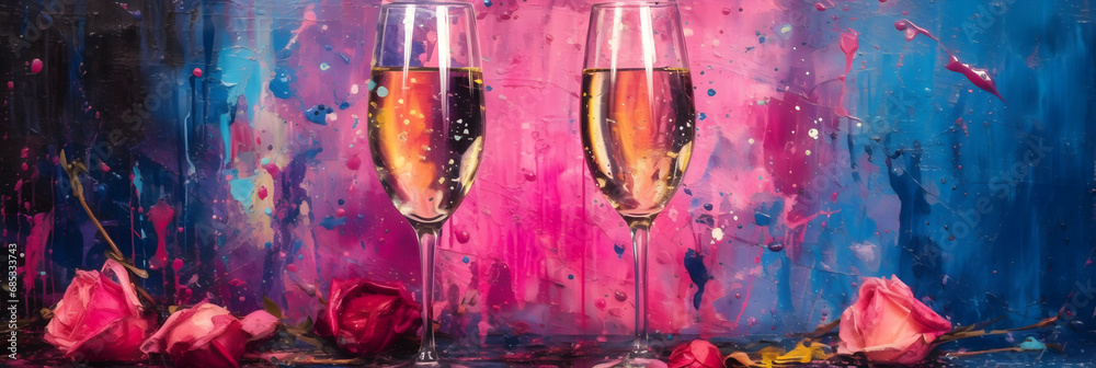 Glasses with champagne on a colorful background painted with oil paints, New Year party, illustration suitable for advertising banner or Christmas greeting card - obrazy, fototapety, plakaty 
