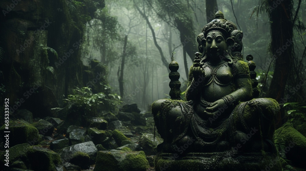 A mystical forest clearing with a hidden Ganesh sculpture among ancient moss-covered rocks, shrouded in mist.