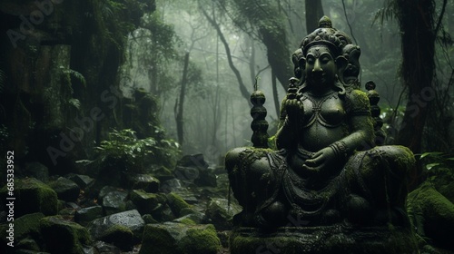 A mystical forest clearing with a hidden Ganesh sculpture among ancient moss-covered rocks, shrouded in mist. © Mustafa_Art