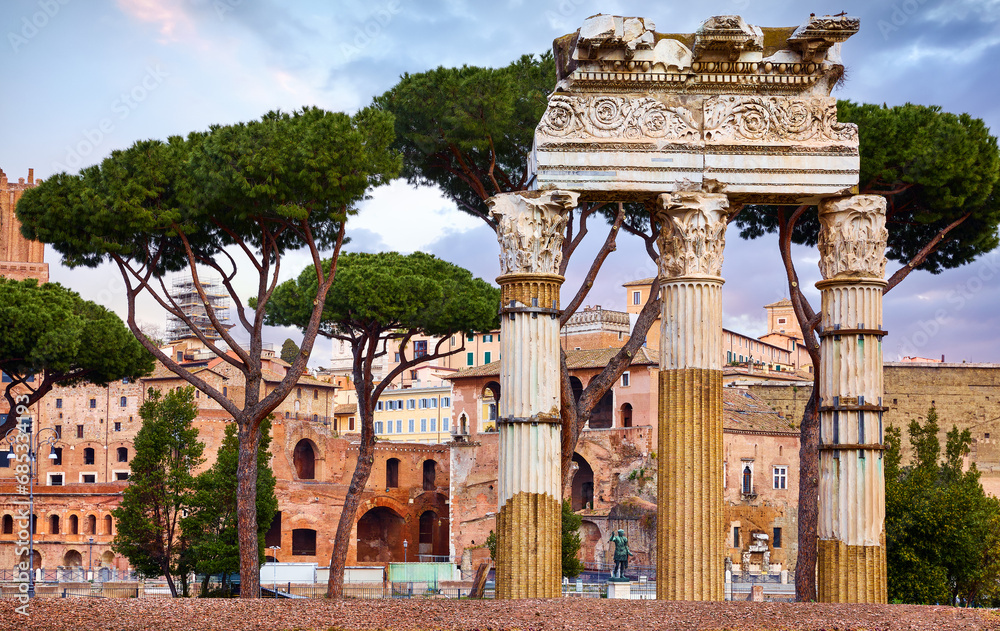 Roman Forum in Rome, Italy. Antique structures with columns among trees. Wrecks of ancient italian roman town. Sunrise Rome famous architectural landmark. Travel destinaion