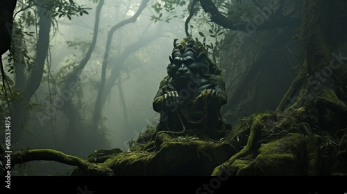 A mystical forest shrouded in mist, with Hanuman's image subtly hidden.