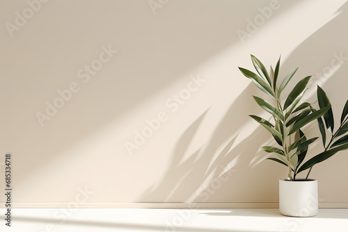 Minimalistic light background with blurred foliage shadow on a beige wall. Beautiful background for presentationwith marble floor. photo
