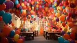 Festive birthday party setting adorned with realistic floating balloons in a spectrum of bright hues