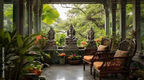 A peaceful balcony overlooking a garden filled with lush greenery, with Krishna statues peeking out from between the plants. © Mustafa_Art