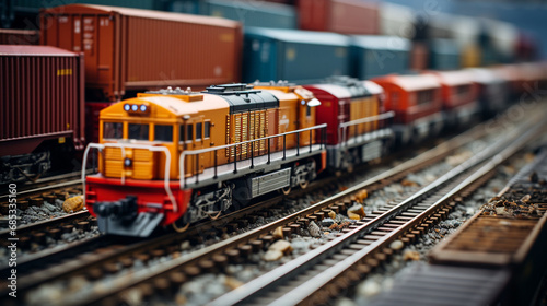 Railway Rhythms: A Vibrant Snapshot of Trains and Cargo Containers in the Yard. Generative AI.