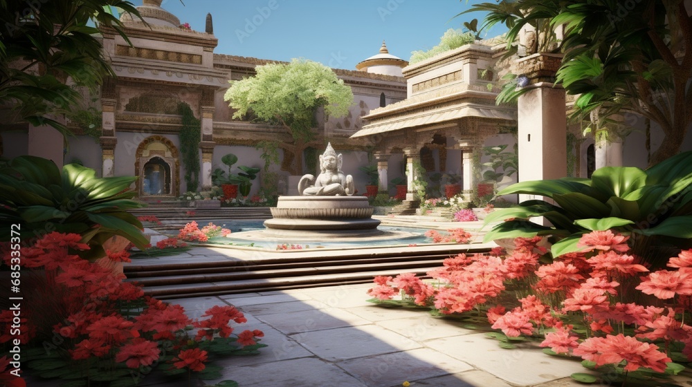 A peaceful courtyard with a marble Hanuman statue and blooming lotus flowers.