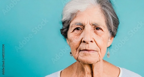 Latin old woman isolated, blue background, displeased expression, face closeup, with copy space for text, logo or design photo