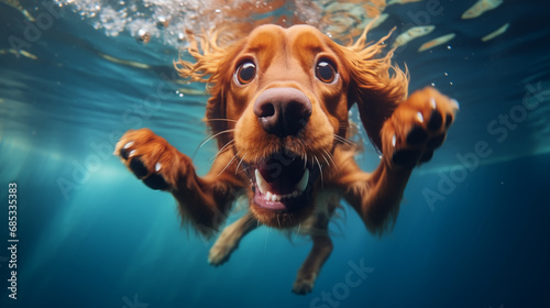 dog underwater photo swimming pool catching ball