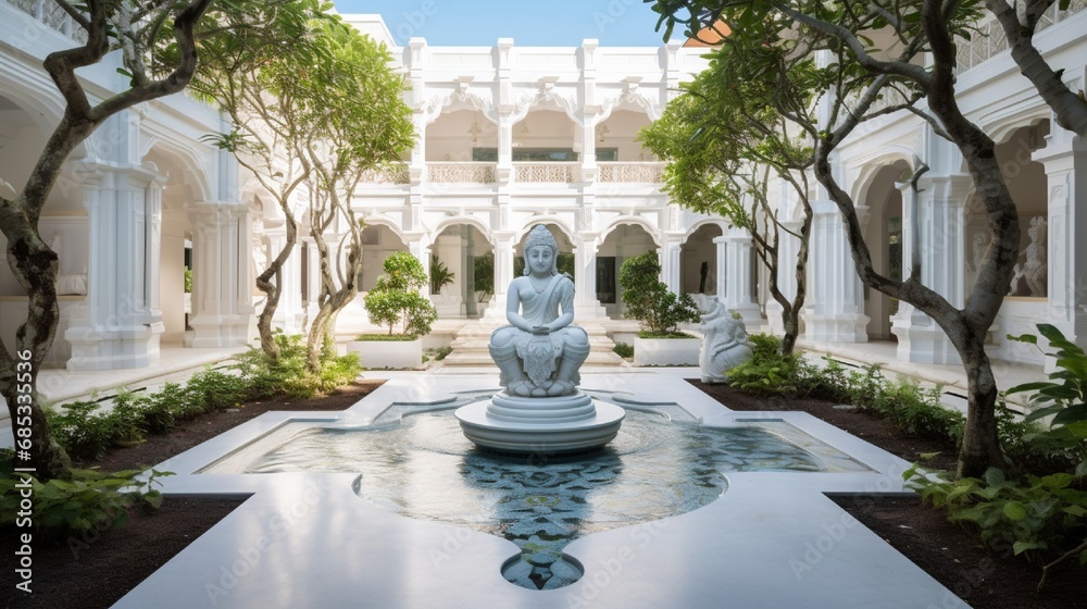 A peaceful courtyard surrounded by classic, white architecture, featuring a Krishna statue as the centerpiece.