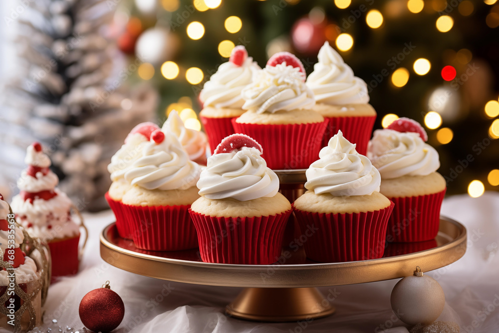 A tiered tray of Christmas-themed cupcakes, each topped with festive decorations