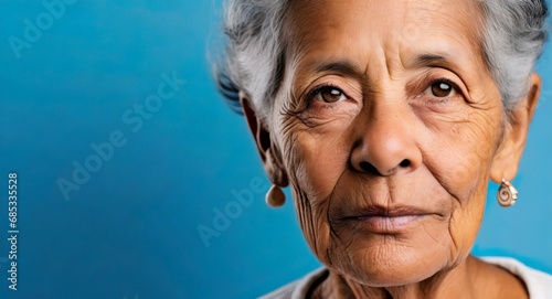 Latin old woman isolated, blue background, displeased expression, face closeup, with copy space for text, logo or design photo