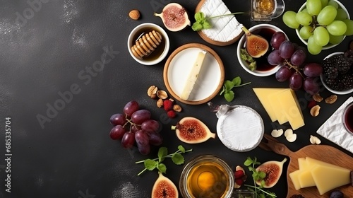 Assorted cheese plate or charcuterie board with sliced varieties of cheese, figs, honey, sauce, and grapes. A delectable display of textures and flavors, perfect for a gourmet experience. photo