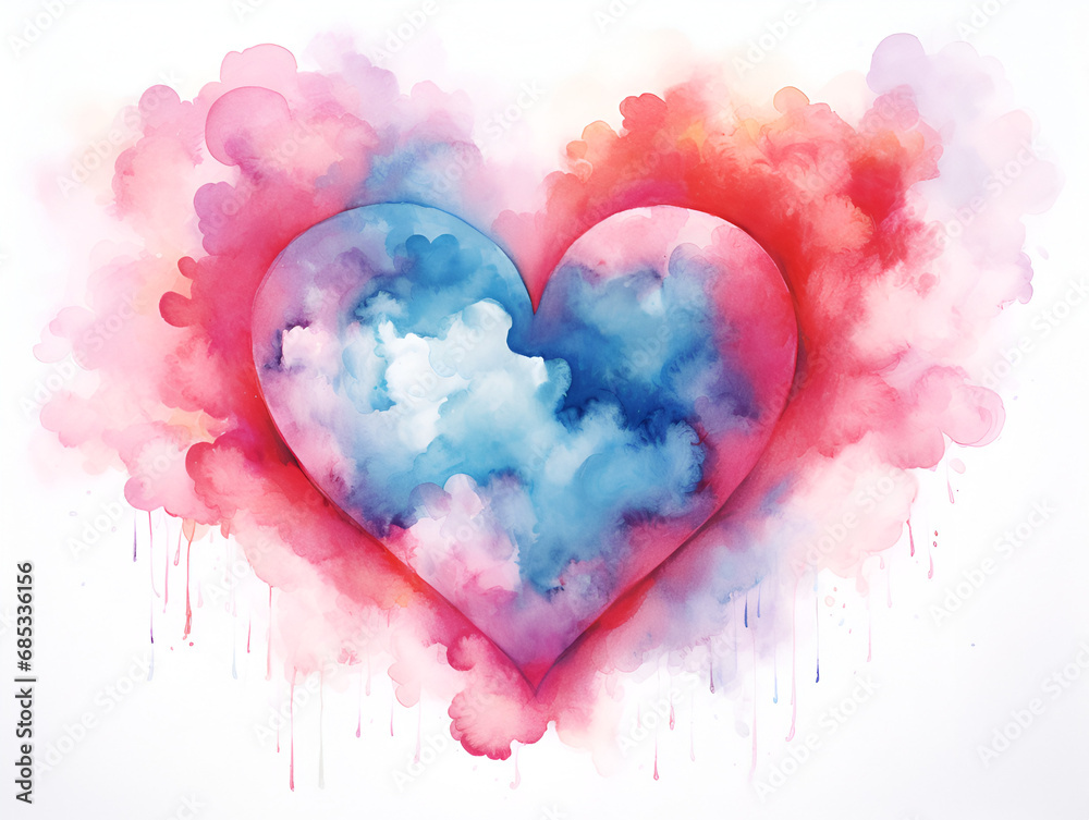Watercolor illustration of soft colorful heart shaped cloud on white background  