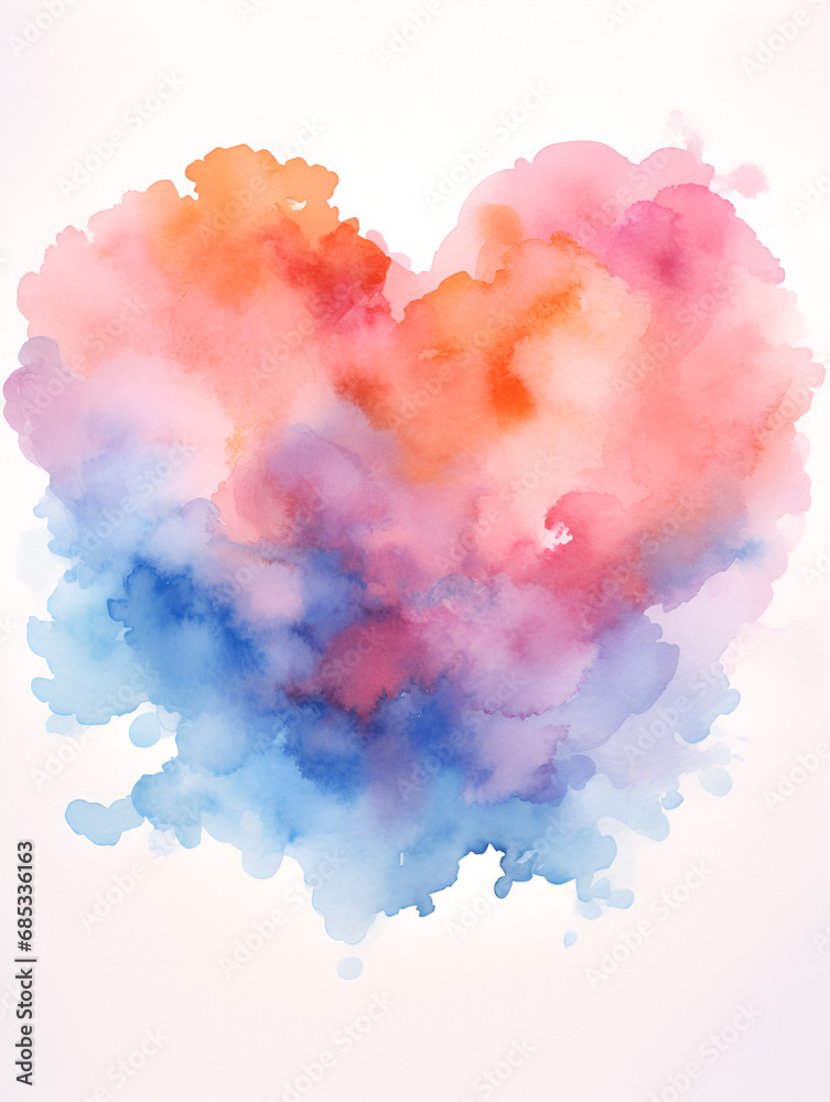 Watercolor illustration of soft colorful heart shaped cloud on white background  