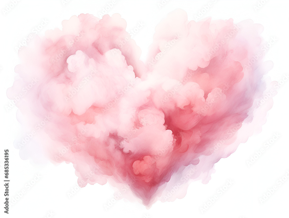 Watercolor illustration of soft pink heart shaped cloud on white background  
