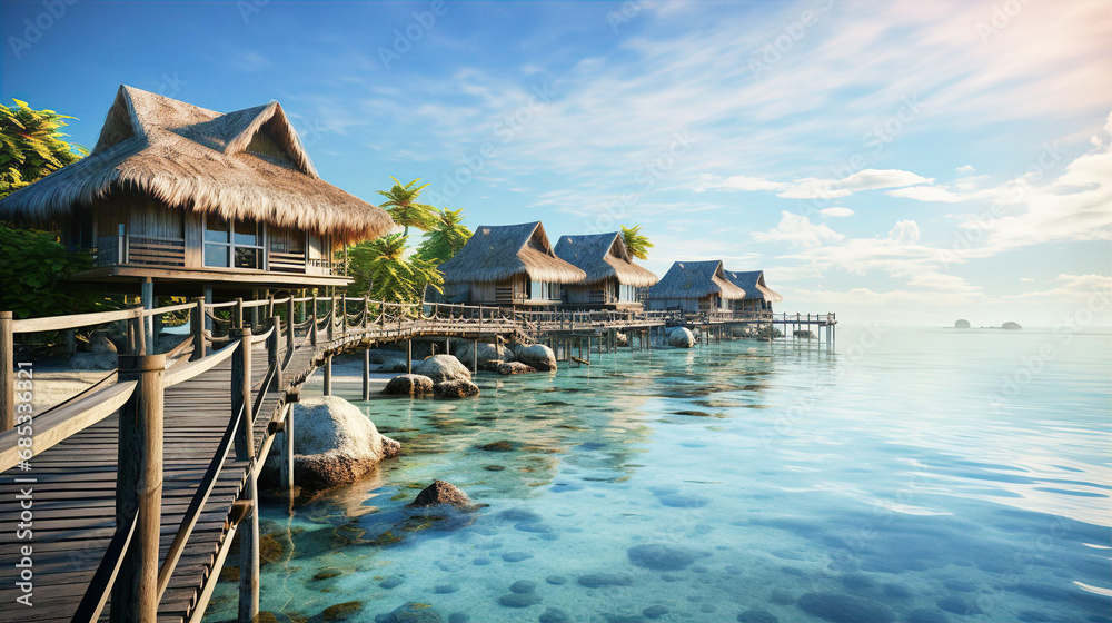 Fototapeta premium Over water villas line in Maldivas with wooden foot bridge at sunset, holiday ad travel concept 