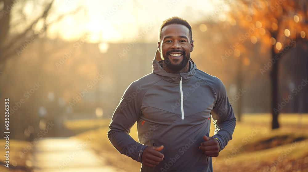 Obraz premium Attractive middle age black man is running in park early morning at sunrise 