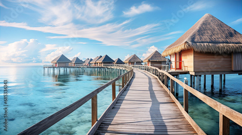 Over water villas line in Maldivas with wooden foot bridge at sunset, holiday ad travel concept 