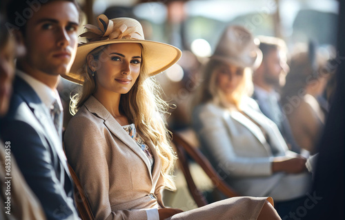 Well dressed English woman in hat watching Horse racing event at summer sunny day photo