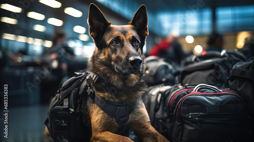 German Shepherd  Police dog  on duty in airport, checking travel suits and bags. Security and personal protection concept  photo