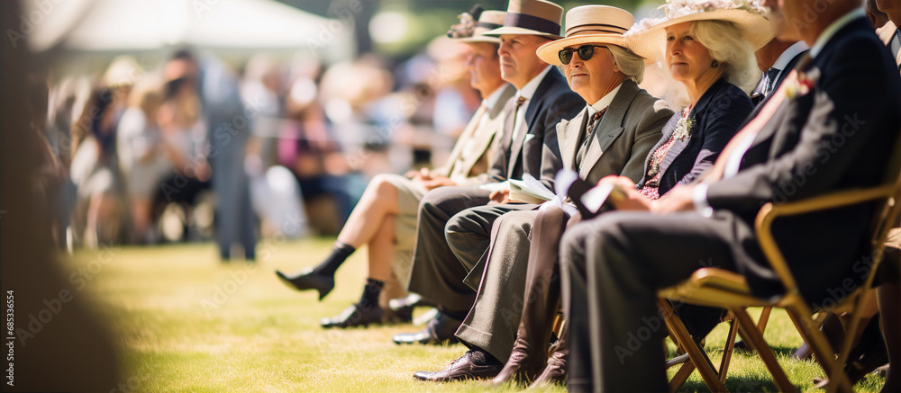 Well dressed English people watching Horse racing  event at summer sunny day