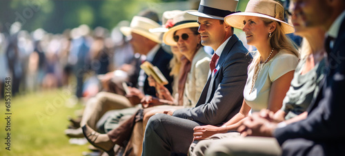 Well dressed English people watching Horse racing  event at summer sunny day photo