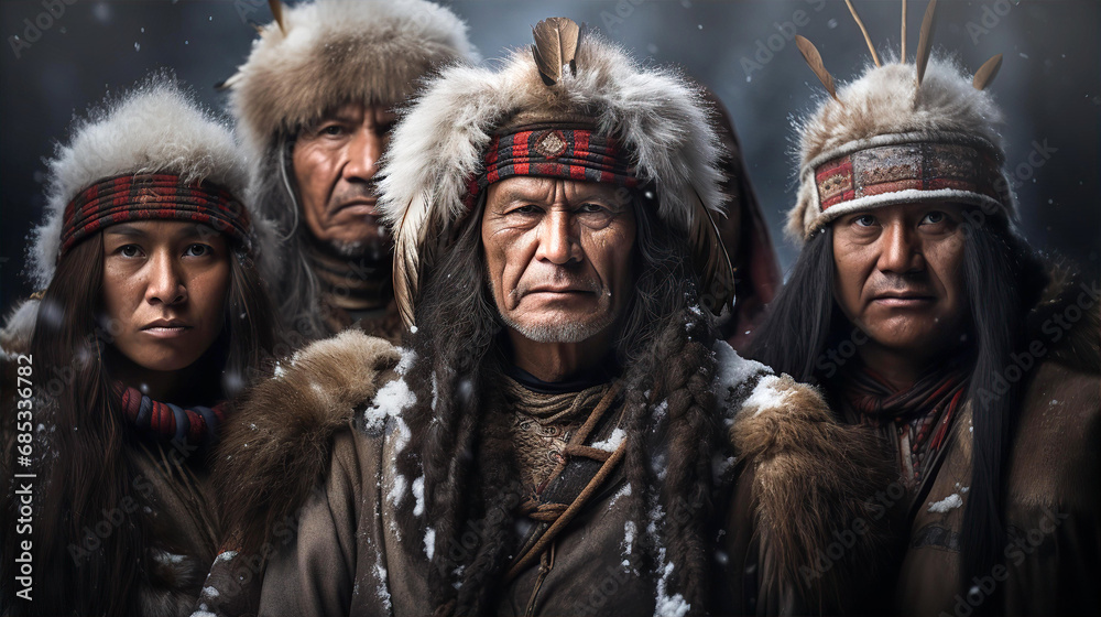 Native people of North,  Evenks family portrait in fir charts and hats 