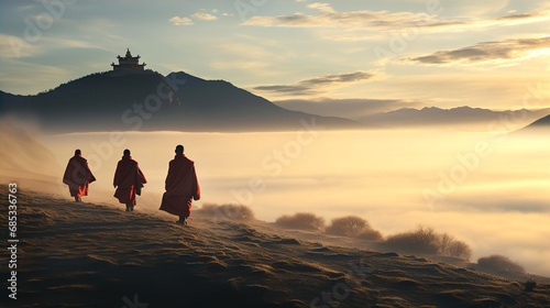 Tibetan monks are walking in high mountains photo