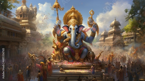 A picturesque Ganesh procession, with a beautifully adorned idol carried on a bedecked elephant amidst a cheering crowd.