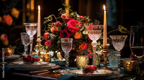 A picturesque view of a New Year's table setup with elegant glassware, sparkling candles, and a centerpiece bursting with color.