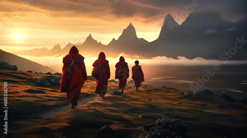 Tibetan monks are walking in high mountains photo