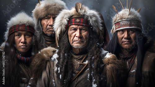 Native people of North, Evenks family portrait in fir charts and hats 