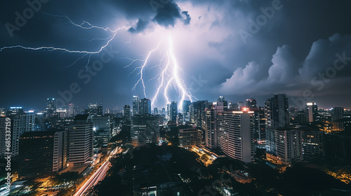 Powerful Lightning bolt strikes over the city in a strong  hot  and humid thunderstorm. Stormy night