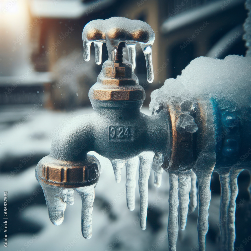 A frozen water pipe in winter, closeup, shallow depth of field. water tap covered with ice. ai generative - obrazy, fototapety, plakaty 