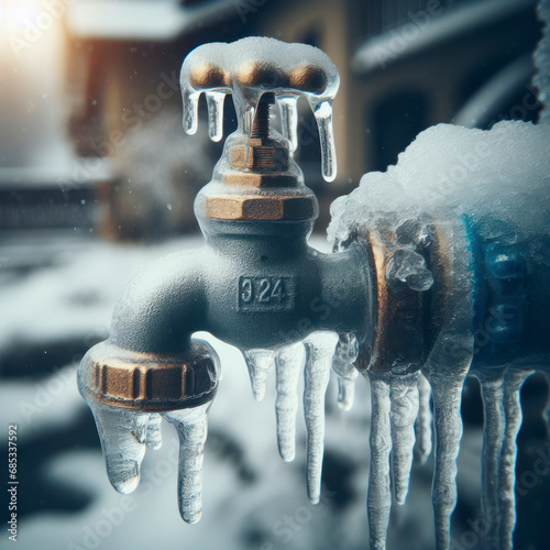 A frozen water pipe in winter, closeup, shallow depth of field. water tap covered with ice. ai generative photo