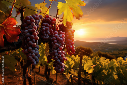 Ripe grapes in vineyard at sunset, generative ai 