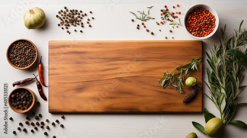 Wood cutting board with linen napkin and spices with copy space, top view