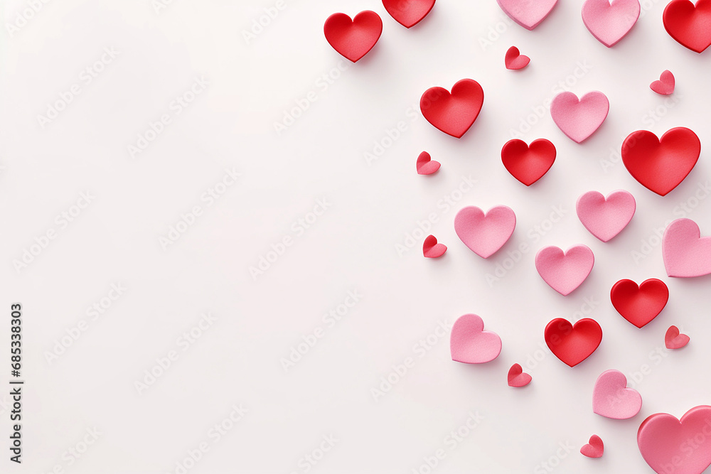 Red and pink hearts on light background, top view with copy space for text. Valentine's day card template. Love and wedding, loving hearts concept