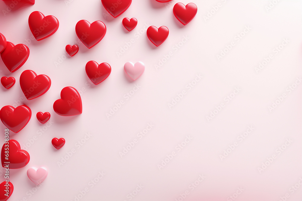 Red hearts on light background, top view with copy space for text. Valentine's day card template. Love and wedding, loving hearts concept