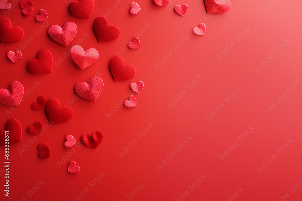 Red hearts on red background, top view with copy space for text. Valentine's day card template. Love and wedding, loving hearts concept