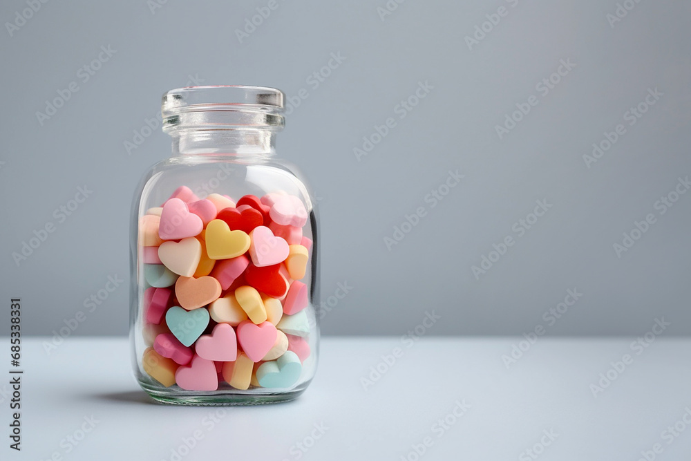 Transparent glass bottle with heart shaped pills. Colorful candies as hearts in a glass jar. Valentine's Day greeting card. Love addiction concept, healthcare and medicine, heart disease drugs Transparent glass bottle with heart shaped pills. Colorful candies as hearts in a glass jar. Valentine's Day greeting card. Love addiction concept, healthcare and medicine, heart disease drugs