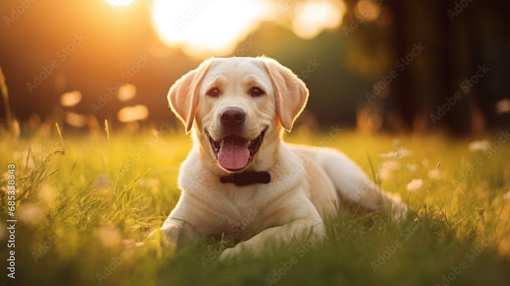 Cute labrador dog sitting on grass garden picture