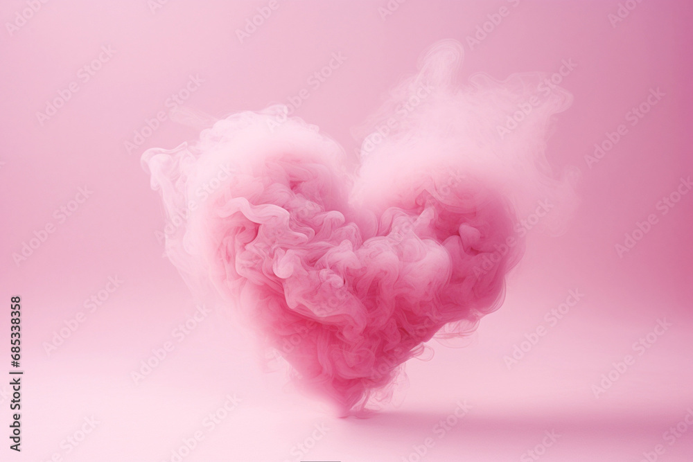 Pink smoky heart on pink background. Heart sign from pink smoke. Heart made of fog, heart shaped cloud. Minimal love concept, Valentine's Day greeting card, romantic background