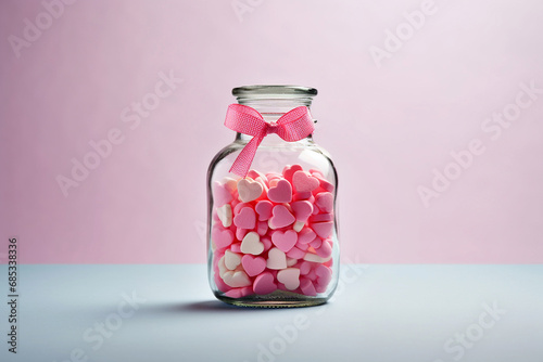 Transparent glass bottle with heart shaped pills. Colorful candies as hearts in a glass jar. Valentine's Day greeting card. Love addiction concept, healthcare and medicine, heart disease drugs photo