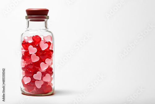 Transparent glass bottle with heart shaped pills. Colorful candies as hearts in a glass jar. Valentine's Day greeting card. Love addiction concept, healthcare and medicine, heart disease drugs photo