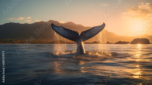 the tail of a whale sticking out of the water in the ocean during sunrise