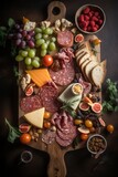 Charcuterie board adorned with an array of sliced sausages, meats, cheese, crackers, snacks, grapes, sauces, and berries. A delightful spread, symphony of flavors and textures.