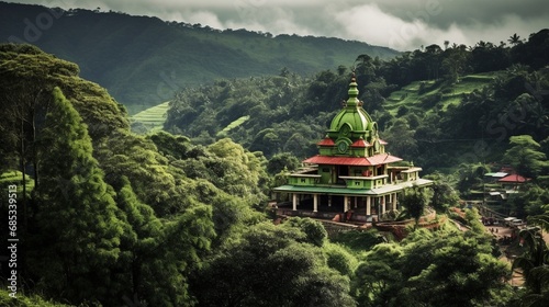 A rural Hanuman temple nestled amidst rolling green hills.