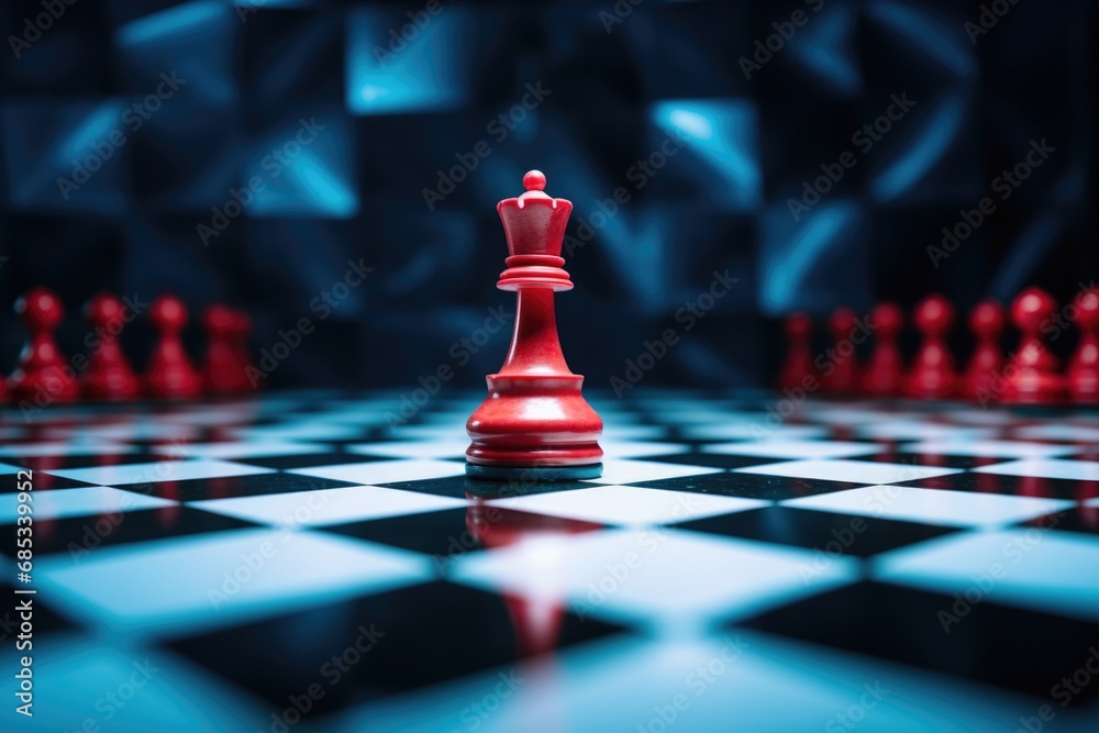 Uncover the essence of chess strategy with a striking red chess figure poised on the board, illustrating the intellect and calculation behind each move Uncover the essence of chess strategy with a striking red chess figure poised on the board, illustrating the intellect and calculation behind each move
