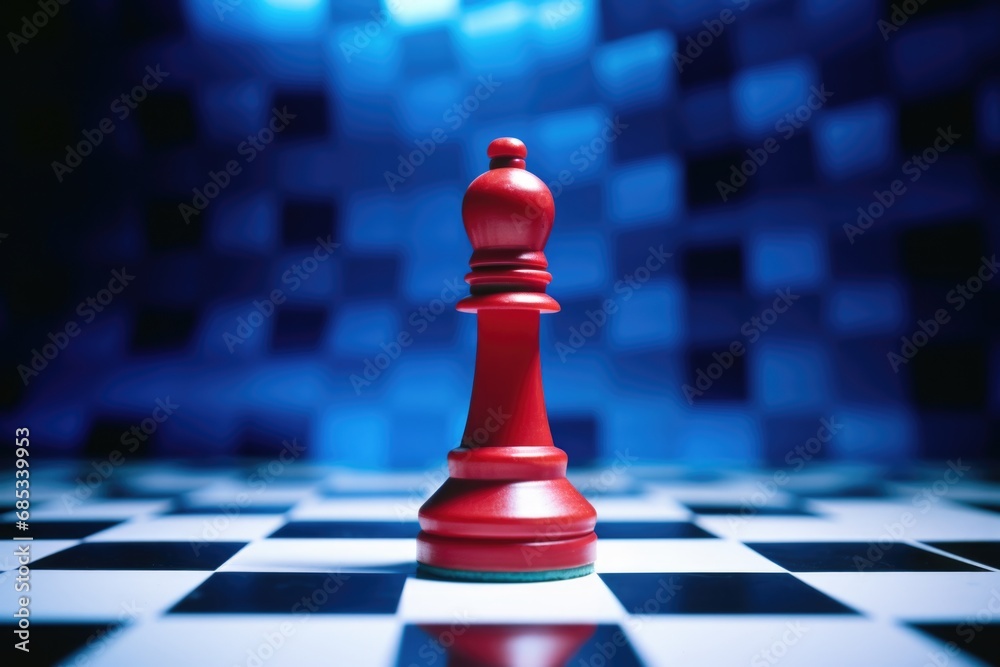 Explore the dynamics of chess in a bold composition showcasing a red chess piece amidst the black and white chessboard, communicating the tension and foresight of the strategic game Explore the dynamics of chess in a bold composition showcasing a red chess piece amidst the black and white chessboard, communicating the tension and foresight of the strategic game